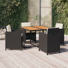 Ensemble à dîner de jardin avec coussins 5 pcs poly rotin noir