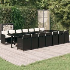Ensemble à dîner de jardin coussins 15 pcs Résine tressée Noir