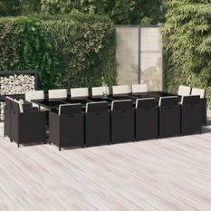 Ensemble à dîner de jardin coussins 17 pcs Résine tressée Noir