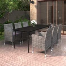 Ensemble à dîner de jardin coussins 7 pcs Résine tressée Verre