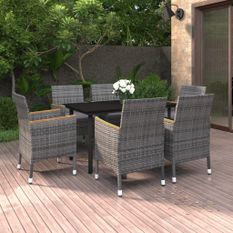 Ensemble à dîner de jardin coussins 7 pcs Résine tressée Verre