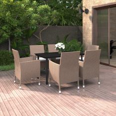 Ensemble à dîner de jardin coussins 7 pcs Résine tressée Verre