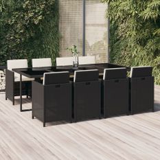 Ensemble à dîner de jardin coussins 9 pcs Résine tressée Noir
