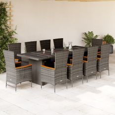 Ensemble à manger de jardin 11pcs avec coussins gris poly rotin