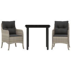 Ensemble à manger de jardin 3pcs coussins gris clair poly rotin