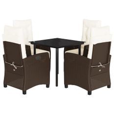 Ensemble à manger de jardin 5 pcs et coussins marron poly rotin