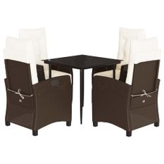 Ensemble à manger de jardin 5 pcs et coussins marron poly rotin