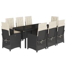 Ensemble à manger de jardin 9pcs coussins noir résine tressée