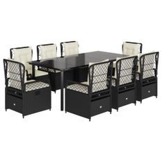 Ensemble à manger de jardin 9pcs coussins noir résine tressée