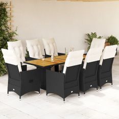 Ensemble à manger de jardin 9pcs coussins noir résine tressée