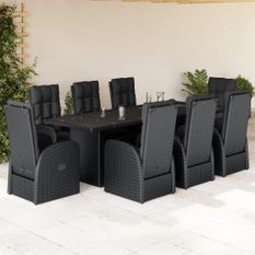 Ensemble à manger de jardin 9pcs coussins noir résine tressée