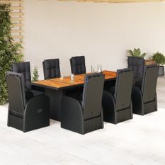 Ensemble à manger de jardin 9pcs coussins noir résine tressée