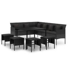 Ensemble à manger de jardin coussins 6pcs noir résine tressée