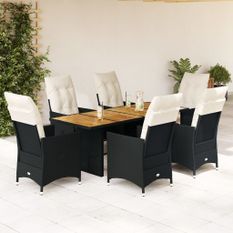 Ensemble à manger de jardin coussins 7 pcs noir résine tressée