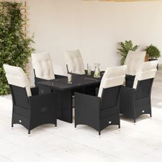 Ensemble à manger de jardin coussins 7 pcs noir résine tressée