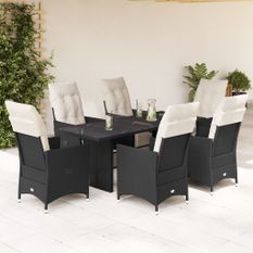 Ensemble à manger de jardin coussins 7 pcs noir résine tressée