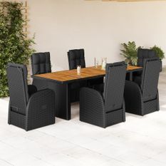 Ensemble à manger de jardin coussins 7 pcs noir résine tressée