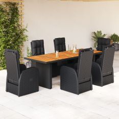 Ensemble à manger de jardin coussins 7 pcs noir résine tressée