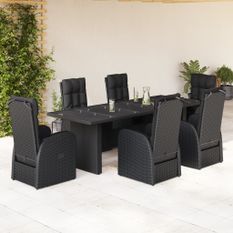 Ensemble à manger de jardin coussins 7 pcs noir résine tressée