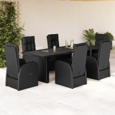 Ensemble à manger de jardin coussins 7 pcs noir résine tressée