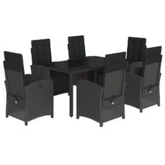 Ensemble à manger de jardin coussins 7pcs Noir Résine tressée