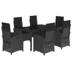Ensemble à manger de jardin coussins 7pcs Noir Résine tressée