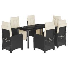 Ensemble à manger de jardin coussins 7pcs Noir Résine tressée