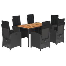 Ensemble à manger de jardin coussins 7pcs Noir Résine tressée