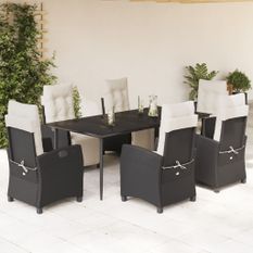 Ensemble à manger de jardin coussins 7pcs Noir Résine tressée