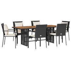 Ensemble à manger de jardin coussins 7pcs Noir Résine tressée