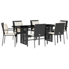 Ensemble à manger de jardin coussins 7pcs Noir Résine tressée