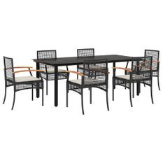 Ensemble à manger de jardin coussins 7pcs Noir Résine tressée