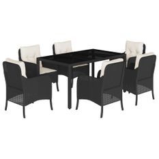 Ensemble à manger de jardin coussins 7pcs Noir Résine tressée