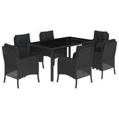 Ensemble à manger de jardin coussins 7pcs Noir Résine tressée