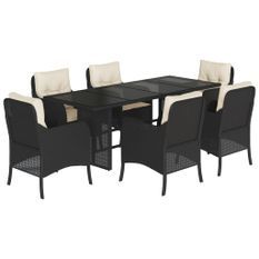 Ensemble à manger de jardin coussins 7pcs Noir Résine tressée