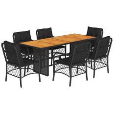 Ensemble à manger de jardin coussins 7pcs Noir Résine tressée