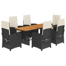 Ensemble à manger de jardin coussins 7pcs Noir Résine tressée
