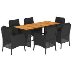 Ensemble à manger de jardin coussins 7pcs Noir Résine tressée