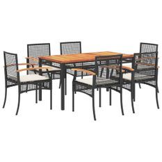 Ensemble à manger de jardin coussins 7pcs Noir Résine tressée