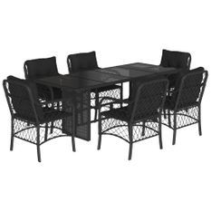 Ensemble à manger de jardin coussins 7pcs Noir Résine tressée