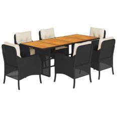 Ensemble à manger de jardin coussins 7pcs Noir Résine tressée