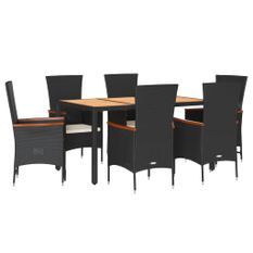 Ensemble à manger de jardin coussins 7pcs Noir Résine tressée