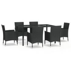 Ensemble à manger de jardin coussins 7pcs Noir Résine tressée