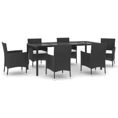 Ensemble à manger de jardin coussins 7pcs Noir Résine tressée