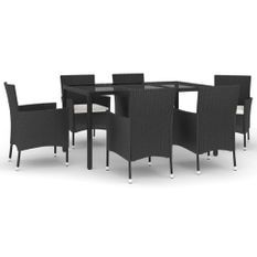 Ensemble à manger de jardin coussins 7pcs Noir Résine tressée