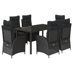 Ensemble à manger de jardin coussins 7pcs Noir Résine tressée