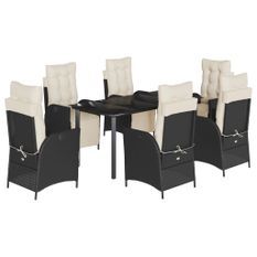 Ensemble à manger de jardin coussins 7pcs Noir Résine tressée