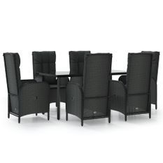 Ensemble à manger de jardin coussins 7pcs Noir Résine tressée