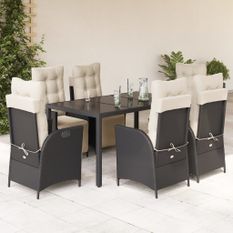 Ensemble à manger de jardin coussins 7pcs Noir Résine tressée