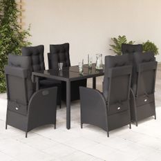 Ensemble à manger de jardin coussins 7pcs Noir Résine tressée